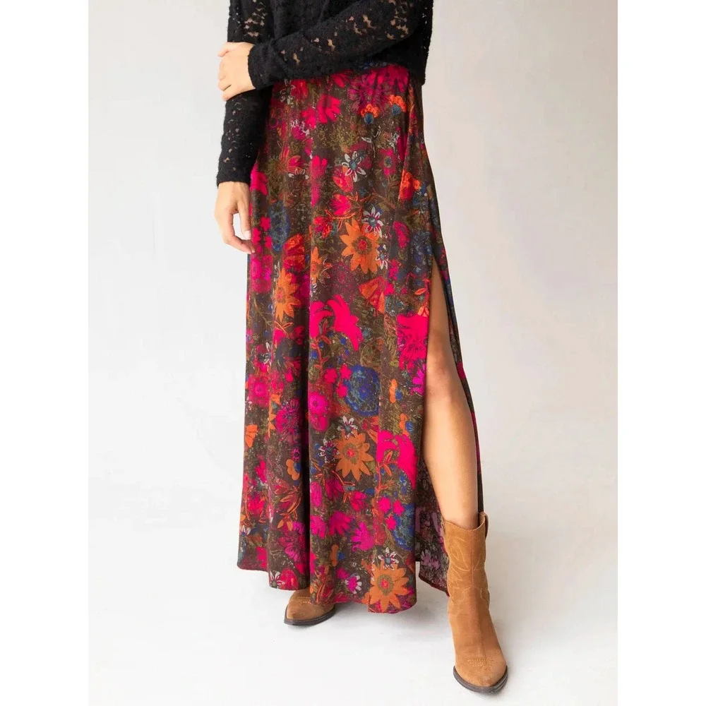 Natural Life Floral Maxi Skirt Women Medium Ginger Side Slits Boho NWT